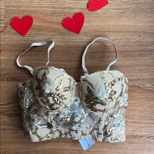 NWT nude sequin tulle embroider brocade bustier S